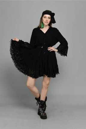 Siyah Ponponlu Dantel Detaylı Elbise BHMSTL006