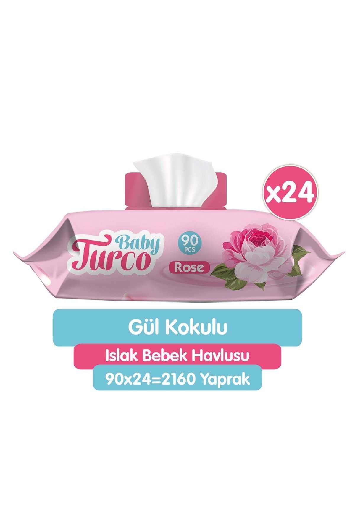 Baby Turco Güllü, Saf Pamuklu Islak Havlu 24x90
