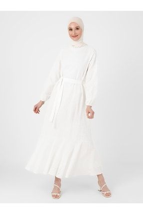Eteği Volanlı Nakış Detaylı Brode Elbise - Off White - Casual 8206325