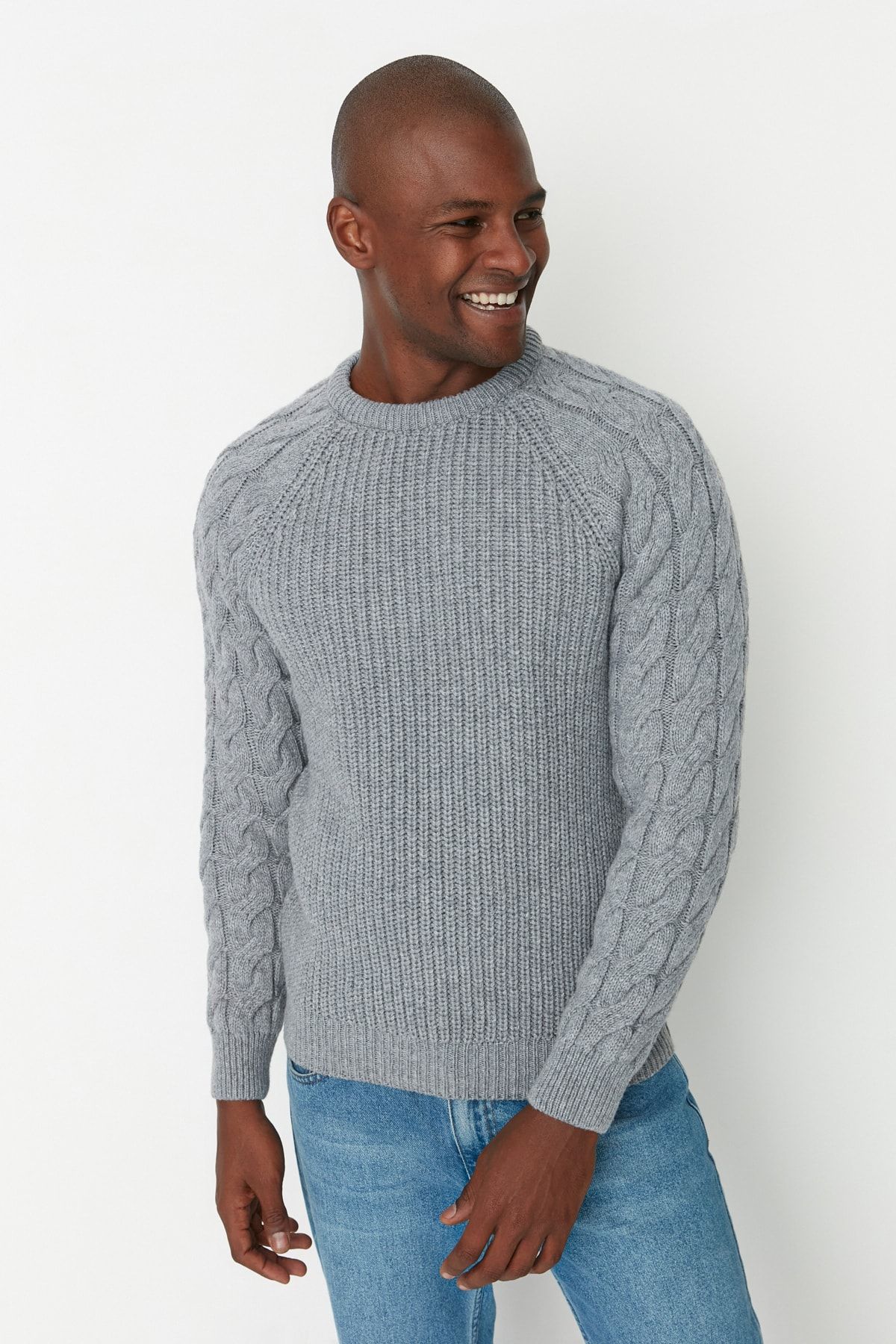 Trendyol Collection Gray Men s Regular Fit Crew Neck Hair Knit