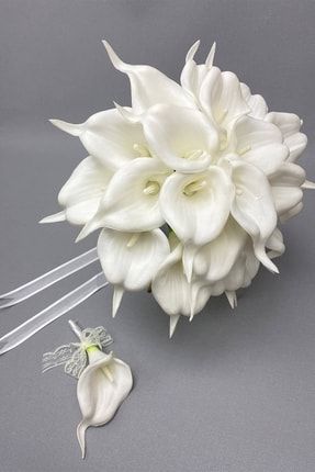 Beyaz Islak Gala Gelin Buketi Ve Damat Yaka Çiçeği GBKT-1235