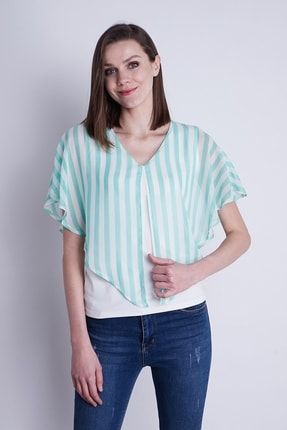 Kadın Mint Renk Çizgili Şifon Detaylı V Yaka Pelerin Bluz 20252