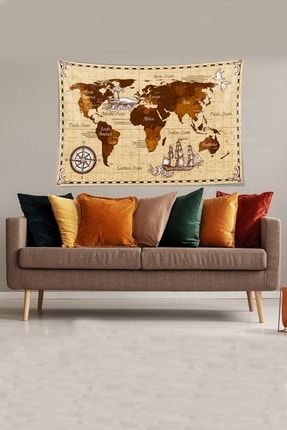 Bej-kahve Dünya Haritası Desenli Leke Tutmaz Kadife Kumaş Duvar Örtüsü Duvar Halısı Tapestry WLLROT13
