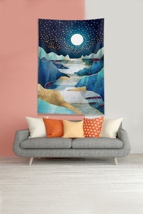 Lacivert Ayın Serüveni Leke Tutmaz Kadife Kumaş Duvar Örtüsü Duvar Halısı Tapestry WLLROT4