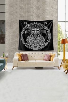Siyah Viking Tanrısı Leke Tutmaz Kadife Kumaş Duvar Örtüsü Duvar Halısı Tapestry TYC00446704144