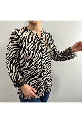Büyük Beden Zebra Desen Gömlek Kol Ucu Dantel Detaylı HG001