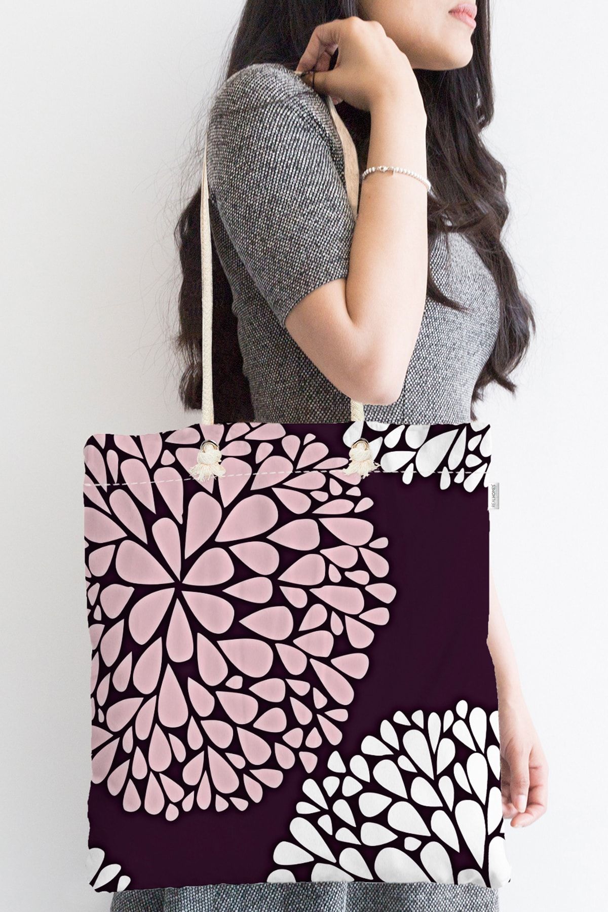 Realhomes-Plum Floor Drop Design Digital Printed Modern Zippered Fabric Beach Bag 2