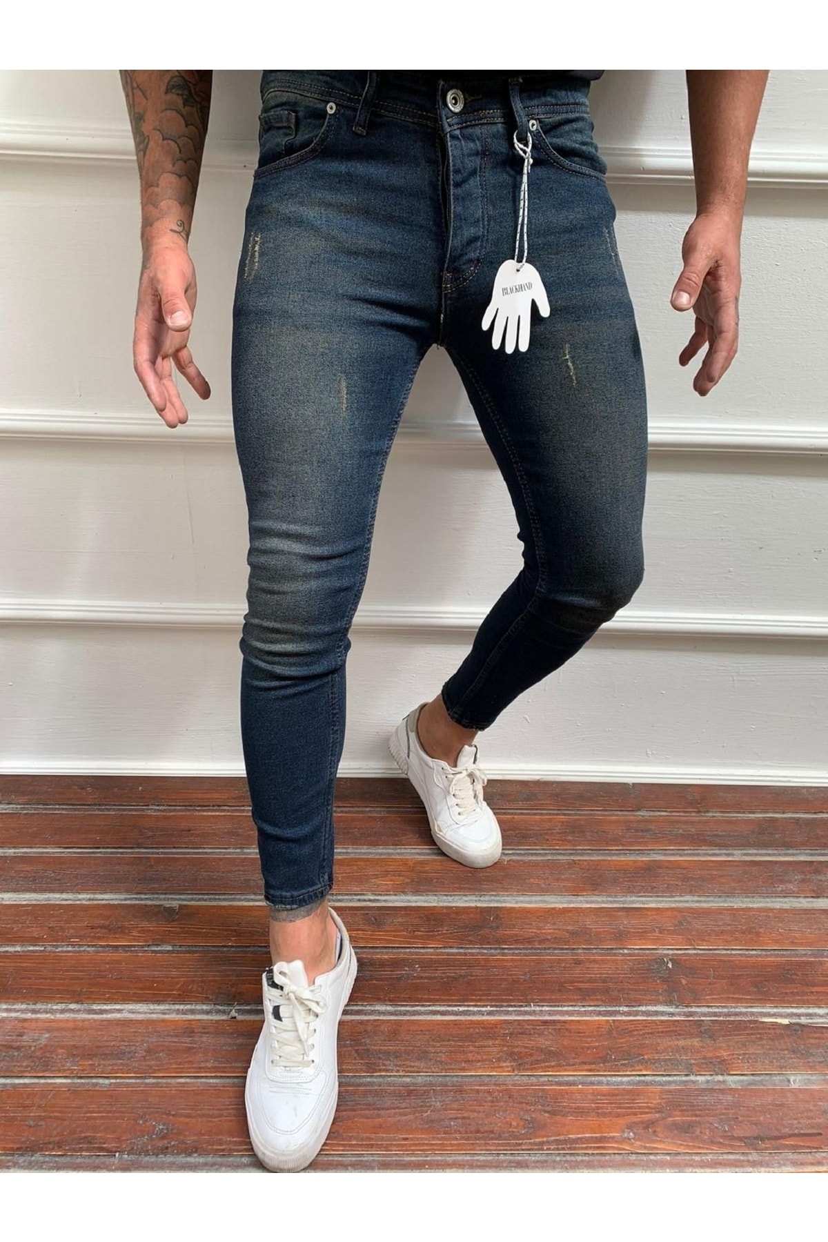 moda biz Erkek Lacivert Tırnaklı Italyan Kesim Likralı Denim Kot Pantolon