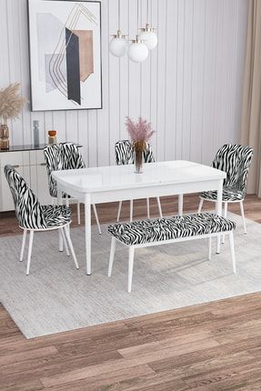 Leona Beyaz 80x132 Mdf Açılabilir Mutfak Masası Takımı 4 Sandalye, 1 Bench azra1bench4sndly