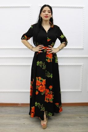 Gül Desen Gömlek Elbise Turuncu MTR1042