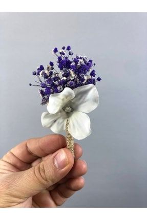Mor Cipsolu Beyaz Çiçekli Damat Yaka Çiçeği 10 Adet YKC-5031