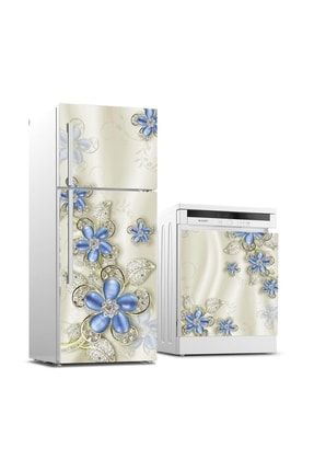 Buzdolabı Ve Bulaşık Makinası Beyaz Eşya Sticker Kaplama Mavi Çiçek Elmas BB-TK-390
