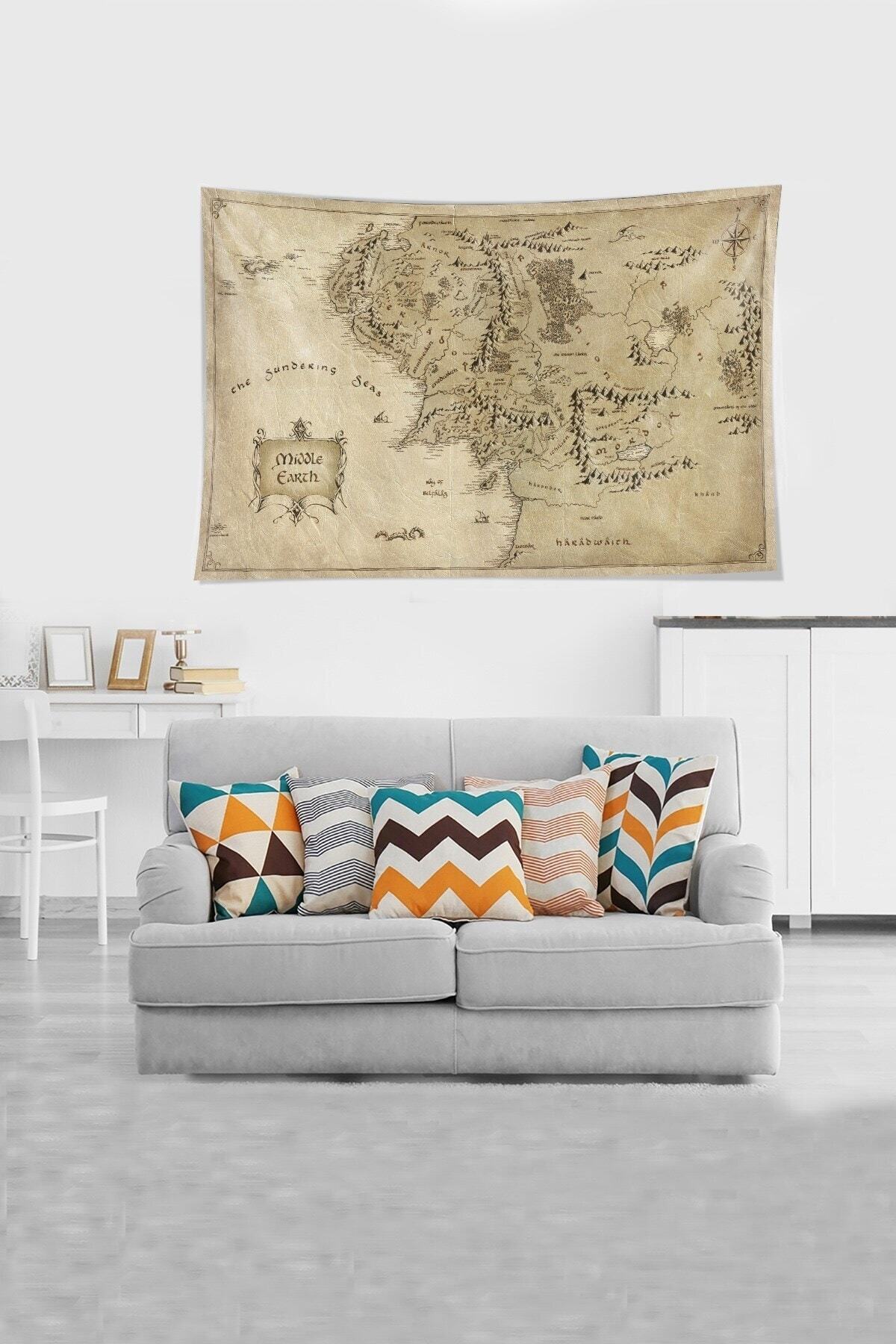 Pelangi-Beige Middle Earth Middle World Map Stain Resistant Velvet Fabric Wall Cloth Wall Carpet Tapestry 3