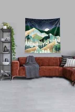 Yeşil Dağın Ardındaki Ay Leke Tutmaz Kadife Kumaş Duvar Örtüsü Duvar Halısı Tapestry WLLROT9