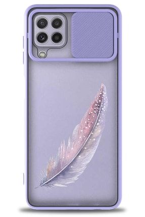 Samsung Galaxy A22 Kılıf Sürgülü Kamera Korumalı Lila Hd Baskılı Kılıf - Kuş Tüyü mmsm-a22-l-3329