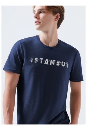 Lacivert Renk Istanbul Baskılı Pamuk Slim Fit Erkek Tshirt 74545547457