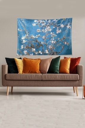 Mavi Almond Blossom Leke Tutmaz Kadife Kumaş Duvar Örtüsü Duvar Halısı Tapestry WLLROT14