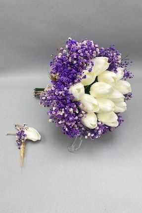 Mor Kurutulmuş Çiçekli Beyaz Islak Laleli Gelin Buketi Ve Damat Yaka Çiçeği GBKT-1294