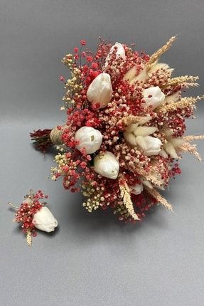 Islak Lale Pudra Cipsolu Gelin Buketi Ve Yaka Çiçeği GBKT-1283