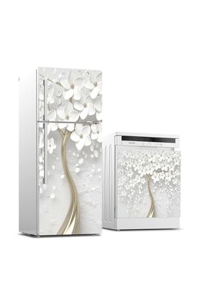 Buzdolabı Ve Bulaşık Makinası Beyaz Eşya Sticker Kaplama 3d Beyaz Ağaç 1 BB-TK-299