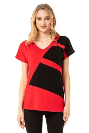 Kadın Kırmızı Siyah Parça Desenli Kısa Kollu Bluz 6020