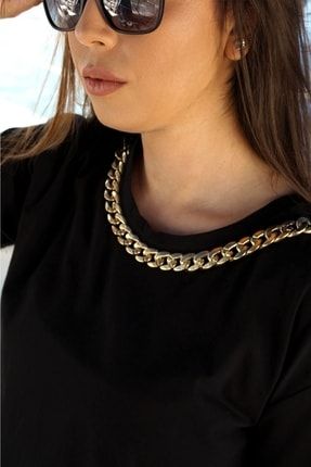 Siyah Yakası Zincir Detaylı Tshirt 173884949