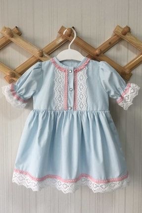 Dantel Detaylı Kısa Kol Bebe Mavisi Pamuklu Kız Çocuk Bebek Elbise 173