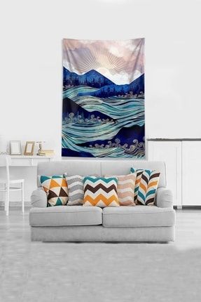 Mavi Dağın Ardındaki Ay Leke Tutmaz Kadife Kumaş Duvar Örtüsü Duvar Halısı Tapestry WLLROT3