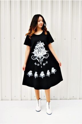 Kadın Siyah Kısa Kollu Çiçek Baskılı Çan Etek Elbise MGSKKELB01