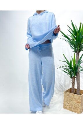 Kadın Buz Mavisi Triko Oversize Pantolon Kazak Takım TN-3543