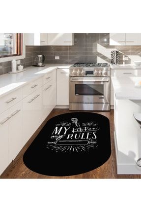 Siyah Kıtchen Desenli Oval Mutfak Halısı (makinede Yıkanabilir Kaymaz Deri Taban -w0004-1) WL0004