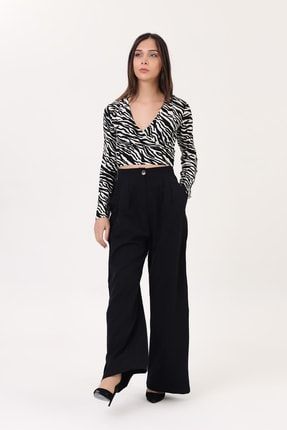 Kadın Siyah Beyaz Zebra Desenli Uzun Kollu Kruvaze Bluz H557616