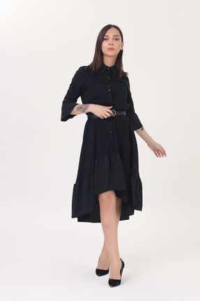 Kadın Siyah Dokuma Gömlek Elbise H557549