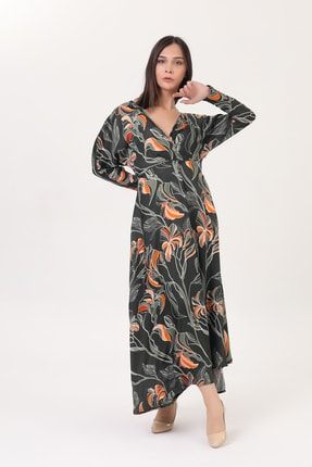 Kadın Yeşil Desenli Dokuma Elbise H557553