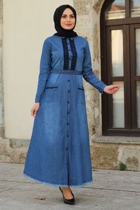 Kadın Mavi Güpürlü Kot Tesettür Elbise FC-4256KM