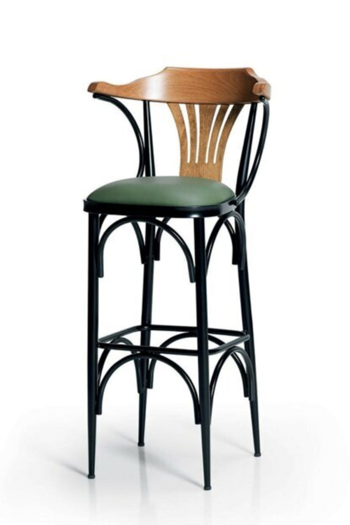 Bar Sandalyesi - Yeşil - Düz Renk Deri Kumaş - Bar Sandalye Taburesi - Metal Siyah Ayak