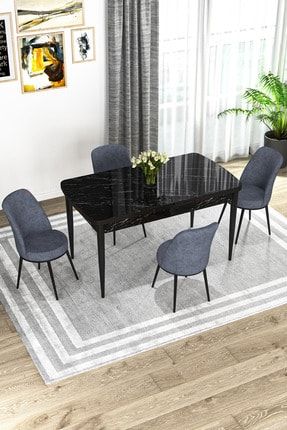 Leona Siyah Mermer Desen 80x132 Mdf Açılabilir Mutfak Masası Takımı 4 Adet Sandalye RVN42AZRASYH