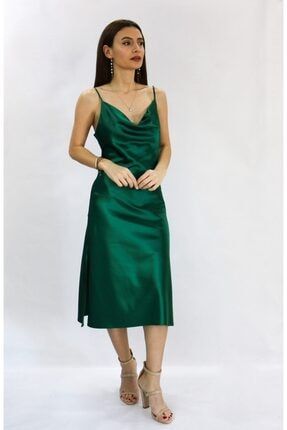 Kadın Yeşil Ince Askılı Yandan Yırtmaçlı Saten Elbise ROZ30007YSL