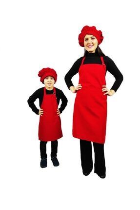 Mutfak Önlüğü 2li Konbin Şapkalı Kırmızı K1023