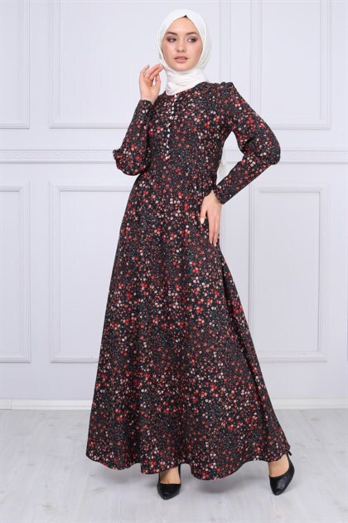 Modamihram-Hijab-Kleid mit Knopfdetail in Schwarz 2
