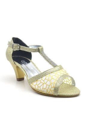 Taşlı Altın Rengi Topuklu Kız Çocuk Abiye Ayakkabı TX5D09CB58397