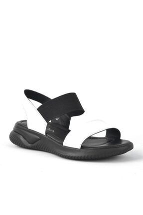 Siyah Beyaz Hakiki Deri Lastikli Kalın Taban Kadın Sandalet TX5D09CB582266