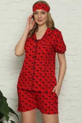 Kadın Kırmızı Pamuk Penye Kısa Kol Şortlu Pijama Takım 4315