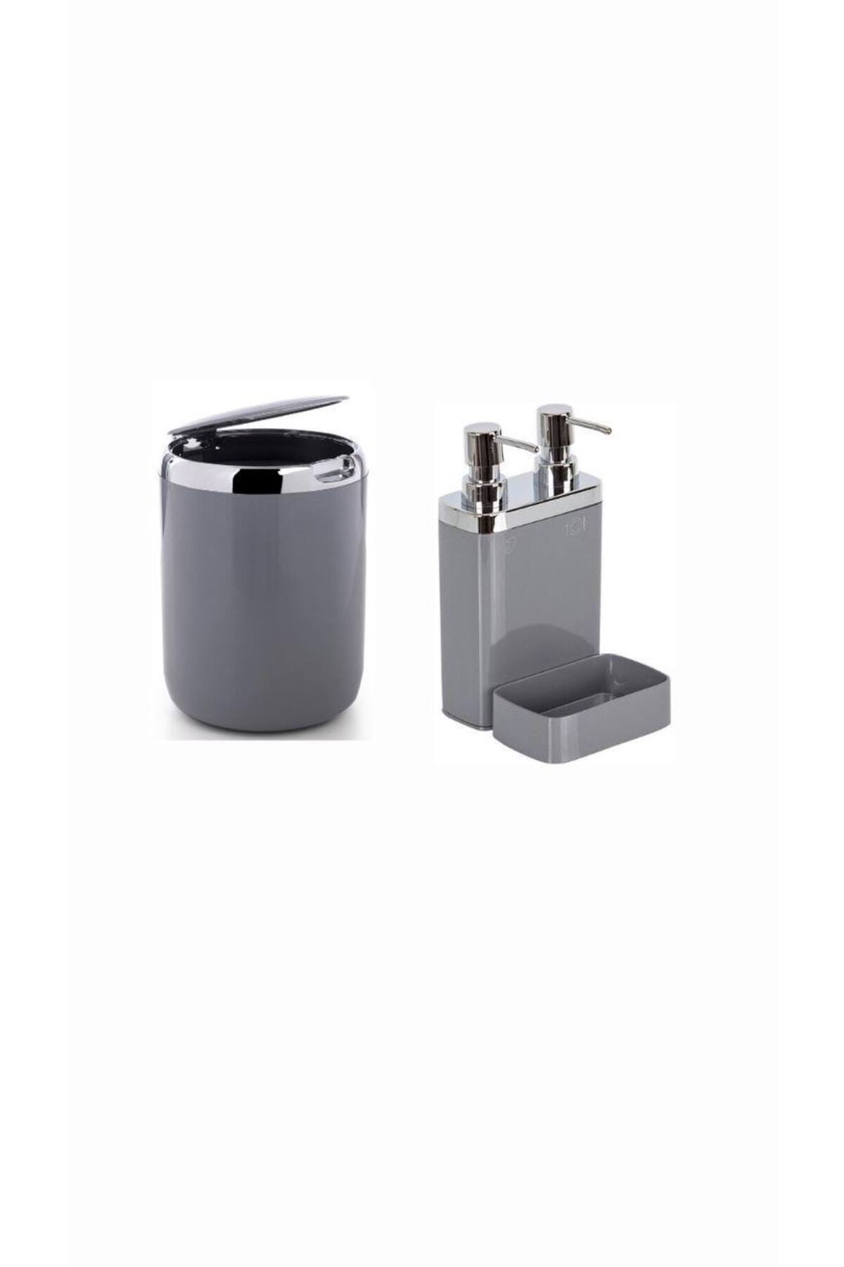 Primanova Viva Sponge 2 Heads Liquid Soap Dispenser And Trash Can Kitchen Set Grey