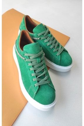 Yeşil - Kadın Hakiki Deri Taşlı Sneaker OF000507