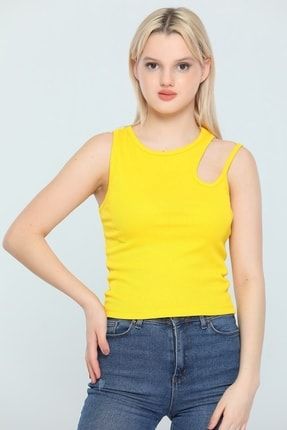 Sarı Kadın Likralı Askı Detaylı Kaşkorse Crop Bady Bluz P-039264
