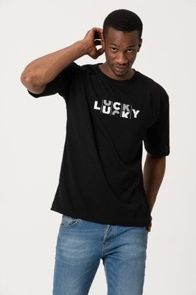 Siyah Lucky Baskılı Oversize Tshirt lucky9