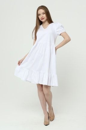 Kadın V Yaka Büzgülü Midi Cotton Elbise 4439/100