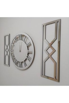 Modern Dekoratif Gümüş Aynalı Plexiglass Duvar Saati, 2 Adet Kum Saati Tasarım Tablo 3 Parça Set Eyktkum02