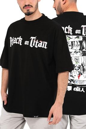 Attack On Titan Siyah Erkek Oversize Bisiklet Yaka Baskılı T-shirt ART-006